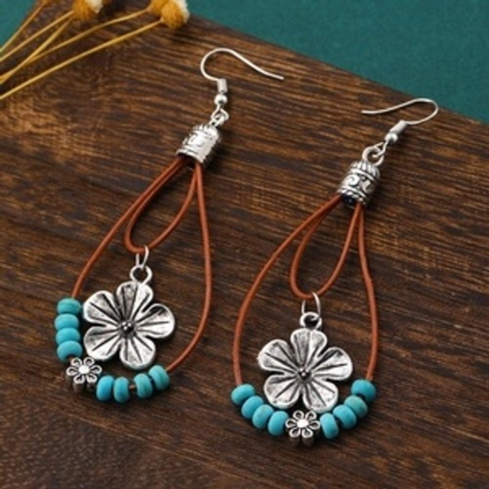 Boho Turquoise Bead Silver Flower Brown‎ Cord Teardrop Dangle Earrings Womens